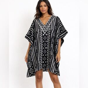 VTG STEP IN STYLE black white African mud print batik kaftan tunic boho chic OS
